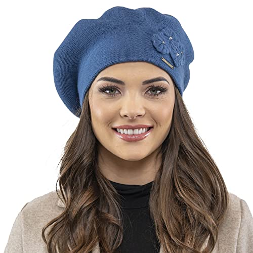 VIVISENCE Baskenmütze Damen Elegant Blume Warm Herbst Winter Accessoire 7006, Blau,Einheitsgröße von VIVISENCE