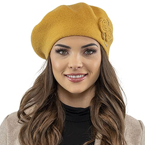 VIVISENCE Damen Baskenmütze Eleganter Wintermütze Warm Und Gemütlich Kopfbedeckung An Winter Und Herbst Warm Dick Strickmütze, Klassisch Mütze Für Frauen, Hergestellt In EU, Honig von VIVISENCE