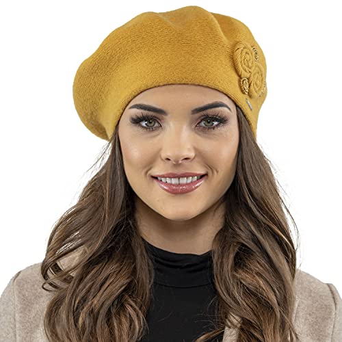 VIVISENCE Baskenmütze Damen Winter Elegante Mit Klassischem Herbst Frauen Mütze Schnitt Warmer Wollmischung Floraler Applikation Perfekter Passform Ideal Für Kalte Tage Modell, Honig,Einheitsgröße von VIVISENCE
