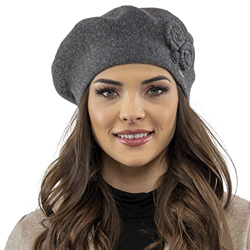 VIVISENCE Baskenmütze Damen Winter Elegante Mit Klassischem Herbst Frauen Mütze Schnitt Warmer Wollmischung Floraler Applikation Perfekter Passform Ideal Für Kalte Tage, Dunkelgrau,Einheitsgröße von VIVISENCE