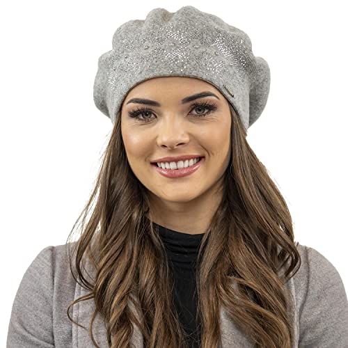 VIVISENCE Damen Baskenmütze Eleganter Wintermütze Warm Und Gemütlich Kopfbedeckung An Winter Und Herbst Warm Dick Strickmütze, Klassisch Mütze Für Frauen, Hergestellt In Der EU, Hellgrau von VIVISENCE