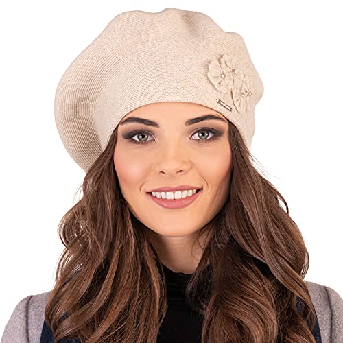 VIVISENCE Damen Baskenmütze Eleganter Wintermütze Warm Und Gemütlich Kopfbedeckung An Winter Und Herbst Warm Dick Strickmütze, Klassisch Mütze Für Frauen, Hergestellt In EU, Beige von VIVISENCE