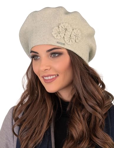 VIVISENCE Baskenmütze Damen Elegant Blume Warm Herbst Winter Accessoire 7006, Beige,Einheitsgröße von VIVISENCE
