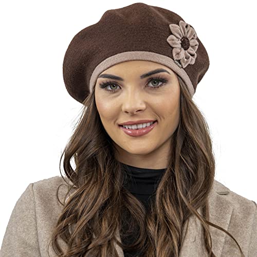 VIVISENCE Winter Baskenmütze Für Damen Herbst Warme Barette Mit Blumenapplikation Frauen Elegante Klassischem Stil Perfekte Für Herbst Und Wintertage Modell 7046, Braun,Einheitsgröße von VIVISENCE