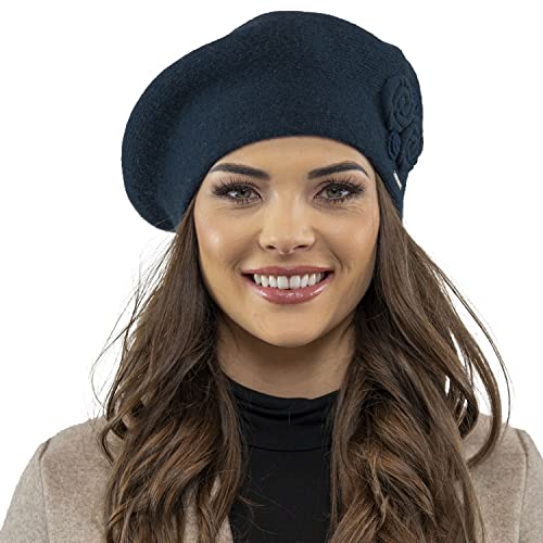 VIVISENCE Baskenmütze Damen Winter Elegante Mit Klassischem Herbst Frauen Mütze Schnitt Warmer Wollmischung Floraler Applikation Perfekter Passform Ideal Für Kalte Tage, Dunkelblau,Einheitsgröße von VIVISENCE