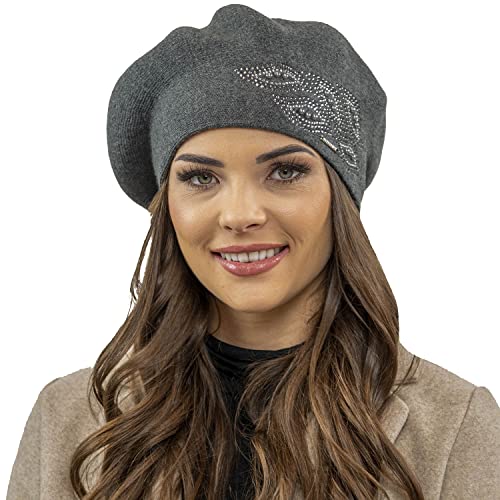 VIVISENCE Baskenmütze Für Damen Winter Herbst Warme Barette Mit Glänzender Zirkonia-Applikation Frauen Elegante Klassischem Stil Perfekte Für Herbst Und Wintertage Modell, Dunkelgrau,Einheitsgröße von VIVISENCE