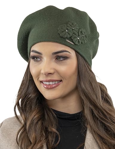 VIVISENCE Baskenmütze Damen Elegant Blume Warm Herbst Winter Accessoire 7006, Grün,Einheitsgröße von VIVISENCE