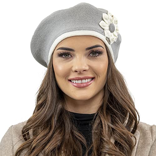 VIVISENCE Damen Baskenmütze Eleganter Wintermütze Warm Und Gemütlich Kopfbedeckung An Winter Und Herbst Warm Dick Strickmütze, Klassisch Mütze Für Frauen, Hergestellt In EU, Hellgrau von VIVISENCE