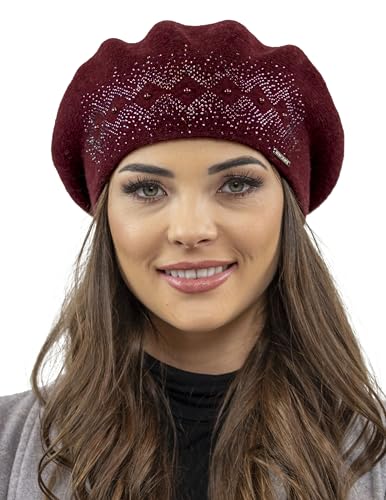 VIVISENCE Damen Baskenmütze Winter Herbst Warme Barette Wolle Elegante Stil 7050, Weinrot,Einheitsgröße von VIVISENCE