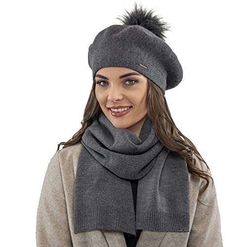 VIVISENCE Damen Baskenmütze Mit Bommel Eleganter Wintermütze Und Schal Set Warm Kopfbedeckung Und Halsbedeckung An Winter Und Herbst Warm Dick, Winterset Für Frauen, Hergestellt In EU, Dunkelgrau von VIVISENCE