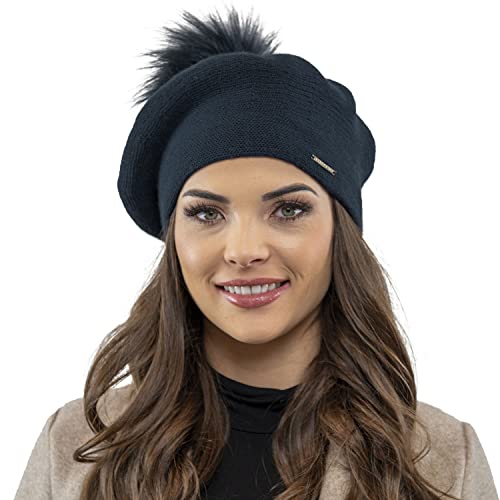 VIVISENCE Damen Baskenmütze Mit Bommel Eleganter Wintermütze Warm Und Gemütlich Kopfbedeckung An Winter Und Herbst Warm Dick Strickmütze, Klassisch Mütze Für Frauen, Hergestellt In EU, Dunkelblau von VIVISENCE