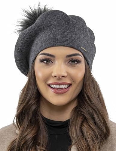 VIVISENCE Winter Baskenmütze Mit Bommel Für Damen Klassischem Herbst Frauen Mütze Schnitt Warmem Garn Mit Wollezusatz Eleganter Wintermütze Ideal Für Kalte Wintertage Modell, Dunkelgrau,Einheitsgröße von VIVISENCE