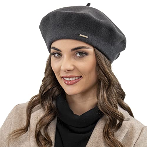 VIVISENCE Damen Baskenmütze Mit Bommel Eleganter Wintermütze Warm Und Gemütlich Kopfbedeckung An Winter Und Herbst Warm Dick Strickmütze, Klassisch Mütze Für Frauen, Hergestellt In EU, Dunkelgrau von VIVISENCE