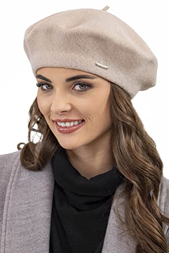 VIVISENCE Damen Baskenmütze Mit Bommel Eleganter Wintermütze Warm Und Gemütlich Kopfbedeckung An Winter Und Herbst Warm Dick Strickmütze, Klassisch Mütze Für Frauen, Hergestellt In EU, Beige von VIVISENCE