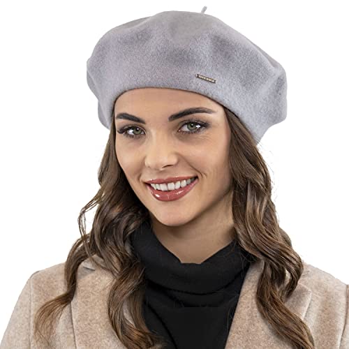 VIVISENCE Damen Baskenmütze Mit Bommel Eleganter Wintermütze Warm Und Gemütlich Kopfbedeckung An Winter Und Herbst Warm Dick Strickmütze, Klassisch Mütze Für Frauen, Hergestellt In EU, Grau von VIVISENCE