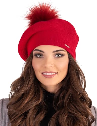 VIVISENCE Winter Baskenmütze Mit Bommel Für Damen Klassischem Herbst Frauen Mütze Schnitt Warmem Garn Mit Wollezusatz Eleganter Wintermütze Ideal Für Kalte Wintertage Modell 7035, Rot,Einheitsgröße von VIVISENCE