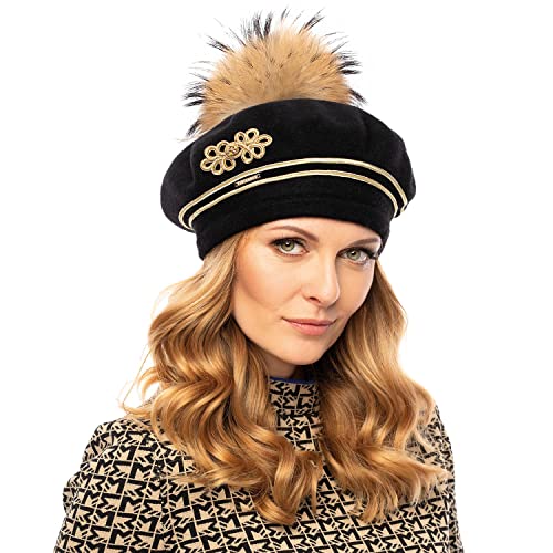 VIVISENCE Damen Baskenmütze Mit Bommel Eleganter Wintermütze Warm Und Gemütlich Kopfbedeckung An Winter Und Herbst Warm Dick Strickmütze, Klassisch Mütze Für Frauen, Hergestellt In EU, Schwarz von VIVISENCE