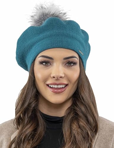 Vivisence Winter Baskenmütze Mit Bommel Für Damen Klassischem Herbst Frauen Mütze Schnitt Warmem Garn Mit Wollezusatz Eleganter Wintermütze Ideal Für Kalte Wintertage Modell 7035, Türkis,Einheitsgröße von VIVISENCE