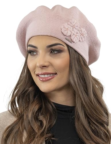 VIVISENCE Baskenmütze Damen Elegant Blume Warm Herbst Winter Accessoire 7006, Rosa,Einheitsgröße von VIVISENCE