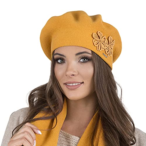VIVISENCE Damen Baskenmütze Warm Und Gemütlich Wintermütze An Winter Und Herbst Warme Dick Strickmütze, Kopfbedeckung Eleganter Klassisch Mütze Für Frauen Modell 7007, Honig,Einheitsgröße von VIVISENCE