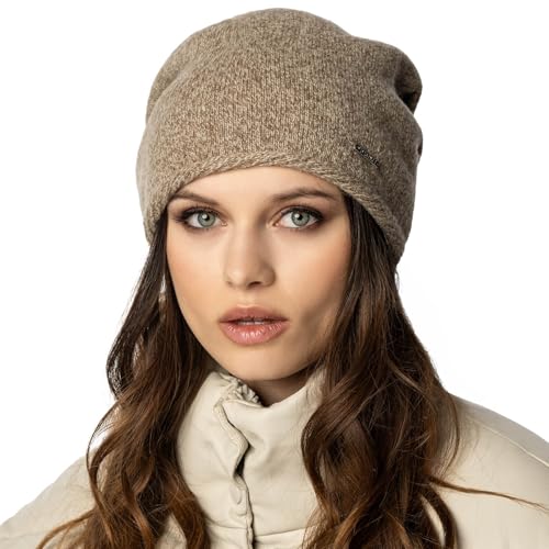 VIVISENCE Damen Beanie Mütze Winter Aus Warmem Wollgarn Klassische Herbst Wintermütze Gemütlich Mit Innenfutter Perfekter Passform Extra Komfort Modell 7087, Beige Melange,Einheitsgröße von VIVISENCE