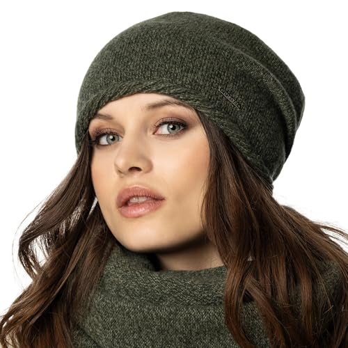 VIVISENCE Damen Beanie Mütze Winter Aus Warmem Wollgarn Klassische Herbst Wintermütze Gemütlich Mit Innenfutter Perfekter Passform Extra Komfort Modell 7087, Grüne Melange,Einheitsgröße von VIVISENCE