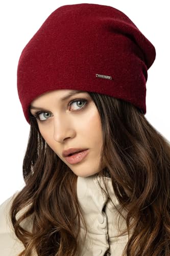 VIVISENCE Damen Beanie Mütze Winter Aus Warmem Wollgarn Klassische Herbst Wintermütze Gemütlich Mit Perfekter Passform DREI Falten Am Rücken Innenfutter Extra Komfort Modell, Weinrot,Einheitsgröße von VIVISENCE