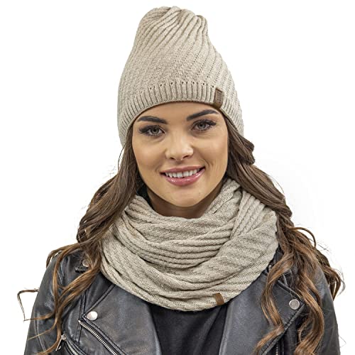 VIVISENCE Damen Beanie Wintermütze Und Loop Schal Set Warm Kopfbedeckung Und Halsbedeckung Für Herbst Und Winter Warm Dick, Winterset Für Frauen, Hergestellt In Der EU, Beige von VIVISENCE