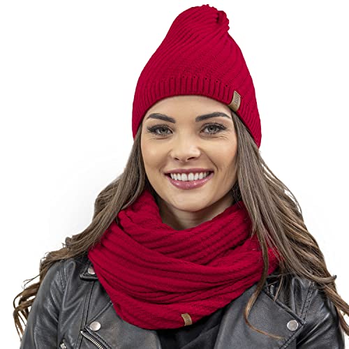 VIVISENCE Trendiger Damen Winter Set Aus Mütze Und Loop-Schal Mit Wärmendem Garn Und Antistatischen Eigenschaften Perfekte Passform Für Kalte Wintertage Bequem Und Stilvoll, Rot,Einheitsgröße von VIVISENCE