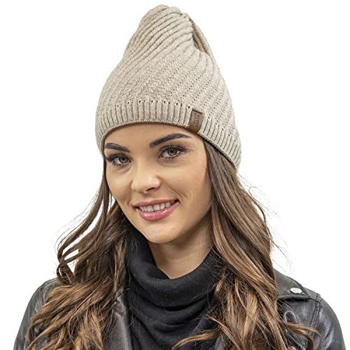 VIVISENCE Winter Mütze Für Damen Beanie Mit Verlängertem Schnitt Aus Wärmendem Garn Herbst Gemütlich Ideal Für Kalte Wintertage Und Outdoor-Aktivitäten Modell 7017, Beige,Einheitsgröße von VIVISENCE