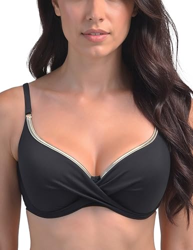 VIVISENCE Damen Bikini Push Up BH Bademode Mit Bügel Und Klickverschluss Seitliche Stäbchen Verstellbare Träger Formend Und Stabil Für Strand Schwimmbad, Schwarz-Golden,75E von VIVISENCE