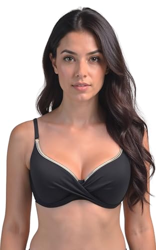 VIVISENCE Damen Bikini Push Up BH Bademode Mit Bügel Und Klickverschluss Seitliche Stäbchen Verstellbare Träger Formend Und Stabil Für Strand Schwimmbad, Schwarz-Golden,80C von VIVISENCE