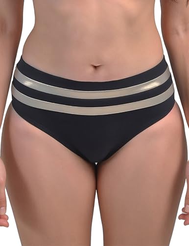 VIVISENCE Damen Bikini Slip Hoher Bund Vollschnitt Bademode Mit Glänzenden Streifen Für Strand Urlaub, Schwarz-Golden,XL von VIVISENCE