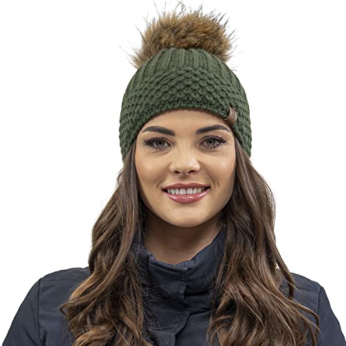 VIVISENCE Damen Bommelmütze, Warm Und Bequem Kopfbedeckung Für Herbst Und Winter, Wintermütze Mit Bommel, Warm Dick Strickmütze, Klassisch Mütze Für Frauen, Hergestellt In EU, Grün von VIVISENCE