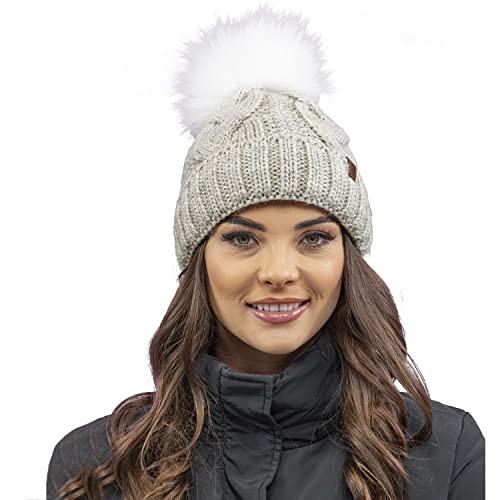 VIVISENCE Damen Bommelmütze, Warm Und Bequem Kopfbedeckung Für Herbst Und Winter, Wintermütze Mit Bommel, Warm Dick Strickmütze, Klassisch Mütze Für Frauen, Hergestellt In Der EU, Hellbeige von VIVISENCE