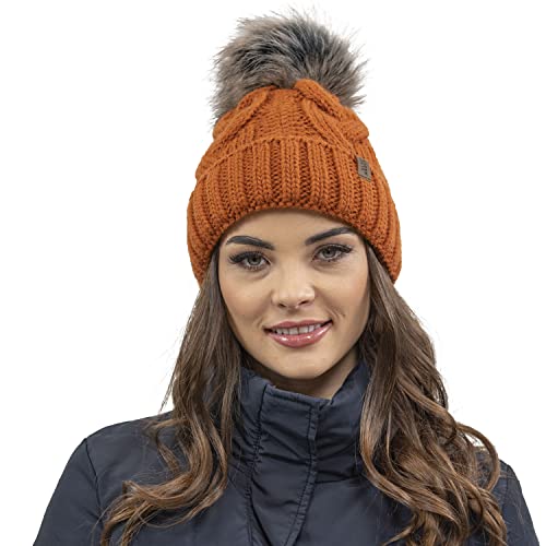 VIVISENCE Damen Bommelmütze, Warm Und Bequem Kopfbedeckung Für Herbst Und Winter, Wintermütze Mit Bommel, Warm Dick Strickmütze, Klassisch Mütze Für Frauen, Hergestellt In Der EU, Orange von VIVISENCE