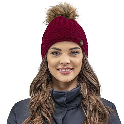 VIVISENCE Damen Bommelmütze, Warm Und Bequem Kopfbedeckung Für Herbst Und Winter, Wintermütze Mit Bommel, Warm Dick Strickmütze, Klassisch Mütze Für Frauen, Hergestellt In EU, Weinrot von VIVISENCE