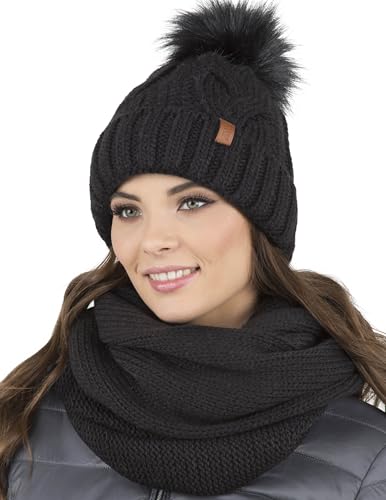 VIVISENCE Damen Bommelmütze Und Loop-Schal Mit Bommel Ideal Für Wintertage 7014, Schwarz,Einheitsgröße VIVISENCE Damen Bommelmütze Und Loop-Schal Mit Bommel Ideal Für Wintertage 7014, Schwarz,Einheitsgröße von VIVISENCE