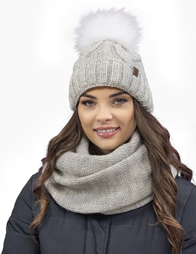 VIVISENCE Damen Bommelmütze Und Loop-Schal Mit Bommel Ideal Für Wintertage 7014, Beige Melange,Einheitsgröße von VIVISENCE