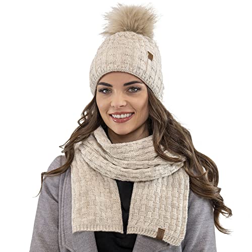 VIVISENCE Damen Bommelmütze Und Schal Set Warm Kopfbedeckung Und Halsbedeckung Für Herbst Und Winter Warm Dick, Wintermütze Mit Bommel, Winterset Für Frauen, Hergestellt In EU, Beige von VIVISENCE