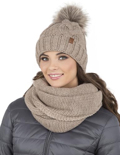 VIVISENCE Damen Bommelmütze Und Loop-Schal Mit Bommel Ideal Für Wintertage 7014, Beige,Einheitsgröße von VIVISENCE