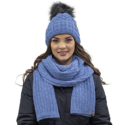 VIVISENCE Damen Bommelmütze Und Schal Set Warm Kopfbedeckung Und Halsbedeckung Für Herbst Und Winter Warm Dick, Wintermütze Mit Bommel, Winterset Für Frauen, Hergestellt In EU, Denim von VIVISENCE