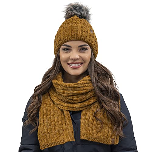 VIVISENCE Damen Bommelmütze Und Schal Set Warm Kopfbedeckung Und Halsbedeckung Für Herbst Und Winter Warm Dick, Wintermütze Mit Bommel, Winterset Für Frauen, Hergestellt In EU, Dunkelgelb von VIVISENCE