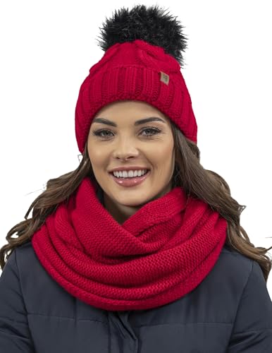 VIVISENCE Damen Bommelmütze Und Loop-Schal Mit Bommel Ideal Für Wintertage 7014, Rot,Einheitsgröße von VIVISENCE