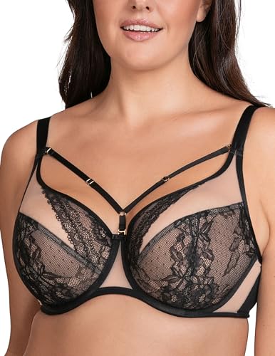 VIVISENCE Damen Bügel-BH Softcup Spitze Mit Dekobändern Verstellbare Träger Schleife Netz Cups Transparent Roségold Details Lingerie Vollschale Unterwäsche, Schwarz,95E von VIVISENCE