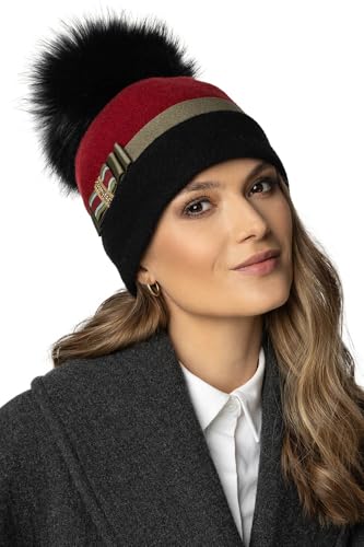 VIVISENCE Damen Mütze Winter Elegante Warm Und Gemütlich Frauen Herbst Wintermütze Mit Abnehmbarem Bommel Vliesfutter Antistatisch Ideal Für Kalte Wintertage Modell 7082, Schwarz,Einheitsgröße von VIVISENCE