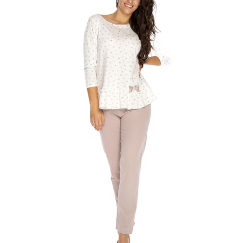 VIVISENCE Damen Pyjama Schlafanzug Kurzarm Nachtwäsche 2Teilig Set Bequem 2033, Ecru/Beige,42 von VIVISENCE