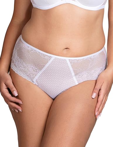VIVISENCE Damen Slip Mit Hohem Bund Klassischer Schnitt Zarte Spitze Und Netz Elastische Ränder Baumwollzwickel Elegant Und Bequem Perfekt Für Den Alltag, Weiß,3XL von VIVISENCE