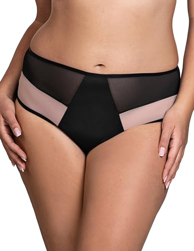 VIVISENCE Damen Slip Mit Klassischem Schnitt Eleganter Slip Zarte Spitze Weiches Beiges Netz Baumwollzwickel Und Elastische Kanten Für Höchsten Komfort, Schwarz,XXL von VIVISENCE