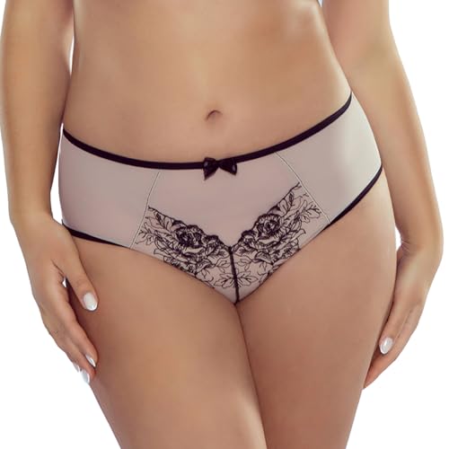 VIVISENCE Damen Slip Netz Stickerei Schleife Transparent Elegant Schnitt 1072, Beige-Schwarz,44 von VIVISENCE